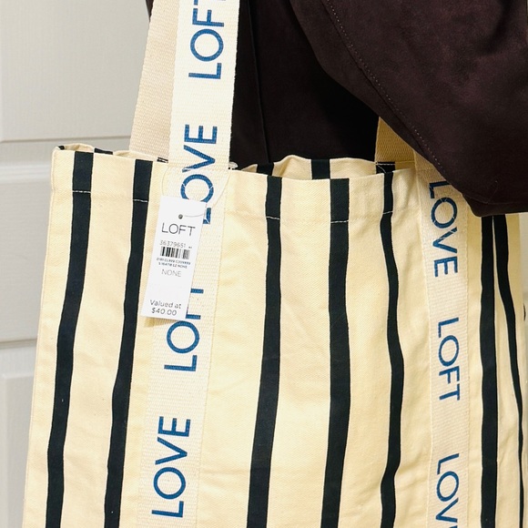 LOFT LOVE Canvas Cream Striped Shopping Tote NWT - Picture 8 of 11